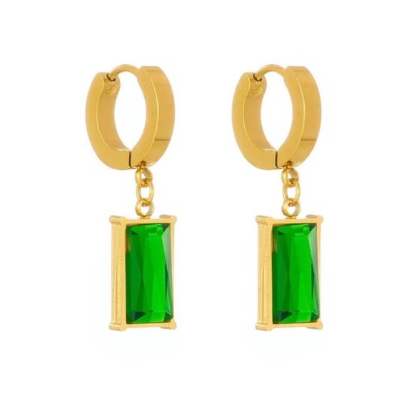 18k Gold Plated Square Emerald Green Crystal Drop Earrings - Picture 5 of 10